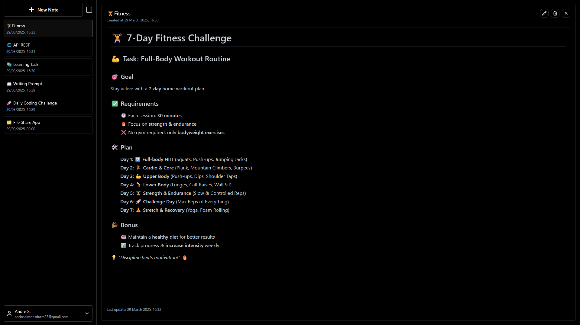 Scrivy fitness note example